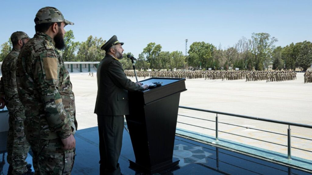 Syrian Defense Minister Murhaf Abu Qasra praises efforts to train officers at the Military College in Homs, June 10, 2026. (Ministry of Defense)