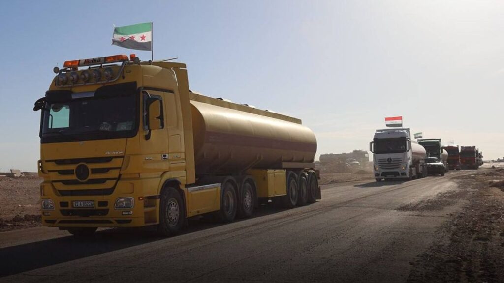 Trucks transporting fuel oil from Iraq to the Baniyas oil terminal in western Syria, April 1, 2026. (Syrian Ministry of Energy)