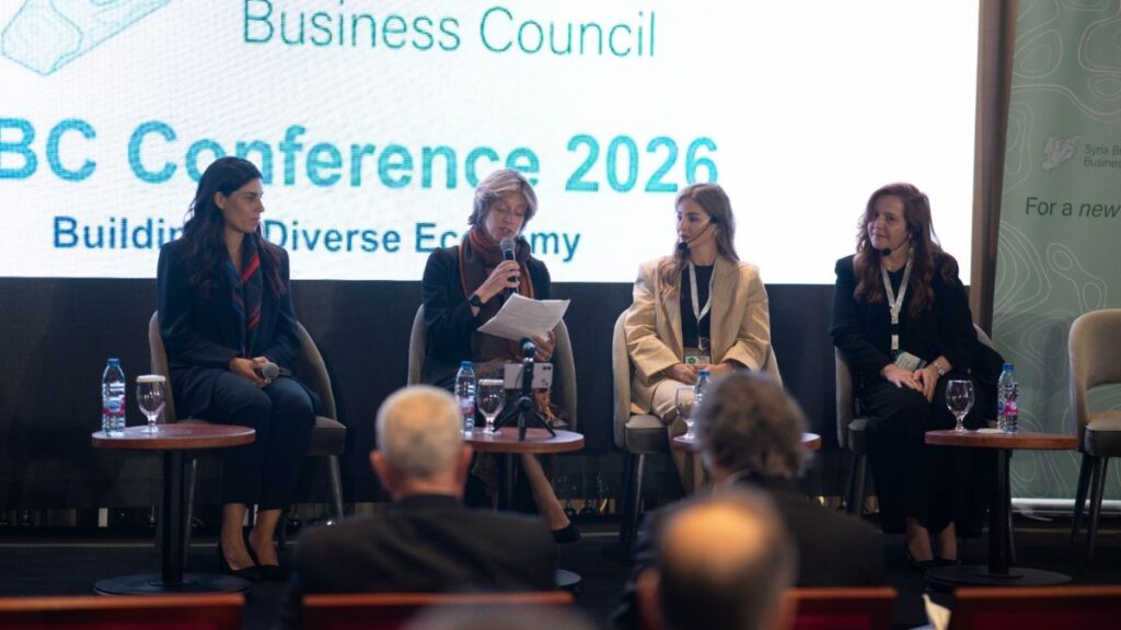 Part of the discussions during the first conference of the Syria Britain Business Council at the Golden Mazzeh Hotel in Damascus, July 1, 2026 (Syria Britain Business Council)