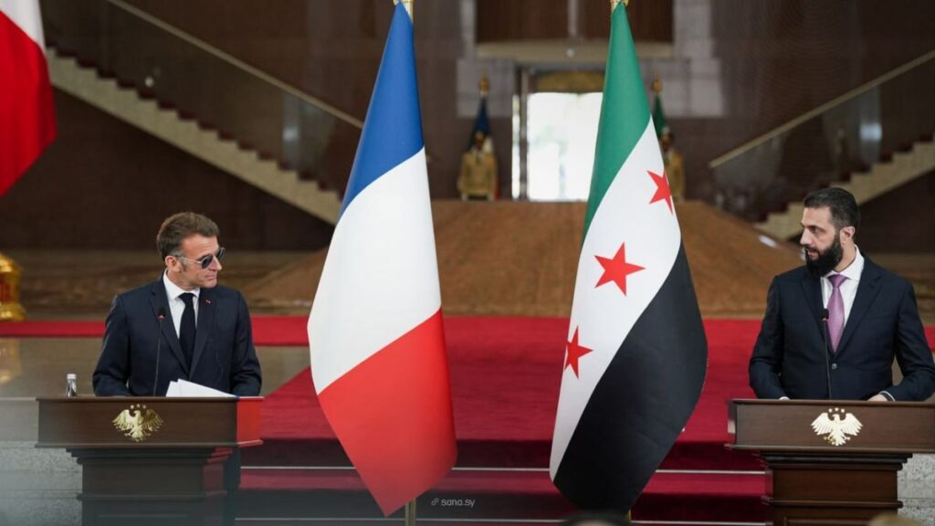 Syrian President Ahmed al-Sharaa holds a press conference with his French counterpart, Emmanuel Macron, in Damascus, July 7, 2026. (SANA)