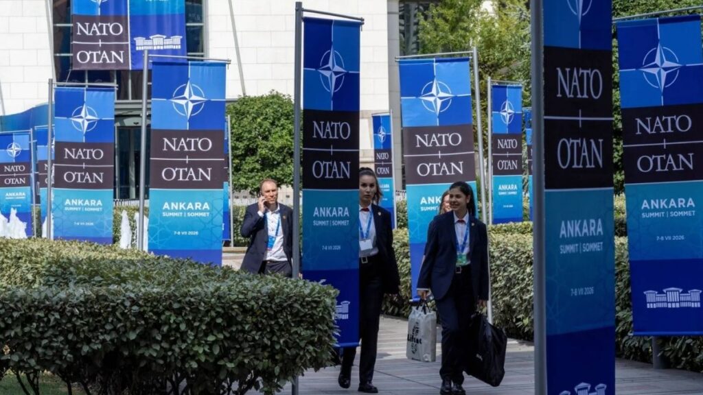 People near the presidential palace complex in Ankara on the eve of the NATO summit, June 6, 2026. (Reuters)