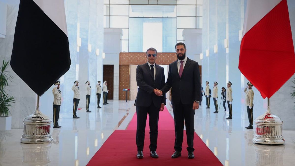 Syrian President Ahmed al-Sharaa receives French President Emmanuel Macron at the People’s Palace in Damascus, July 7, 2026 (SANA)