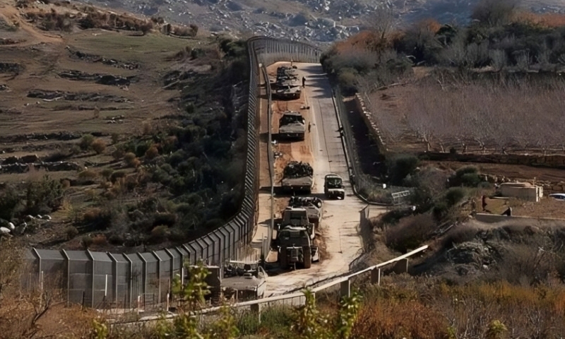 Israeli military vehicles on the road between Taranja and Jubata al-Khashab in the northern Quneitra countryside, southwestern Syria, April 4, 2026. (Syrian al-Ikhbariya)