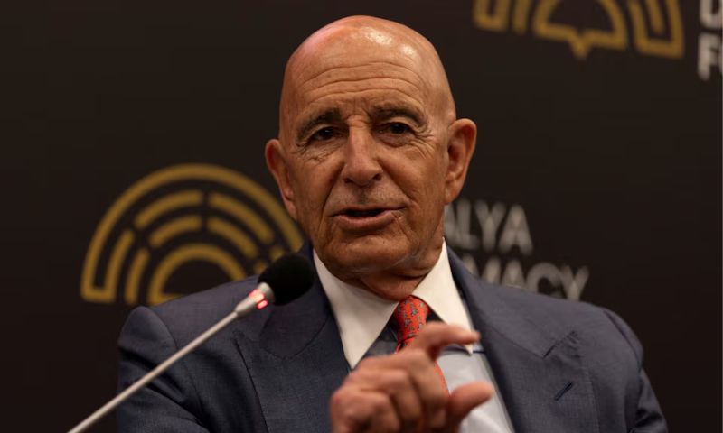 US Special Envoy to Syria Thomas Barrack speaks during a session at the Antalya Diplomacy Forum in Turkey, April 17, 2026 (Reuters/Umit Bektas)