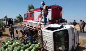Syrian Civil Defense teams at the Ministry of Emergency and Disaster Management respond to 16 traffic accidents across Syria in a single day, June 27, 2026. (Syrian Civil Defense)