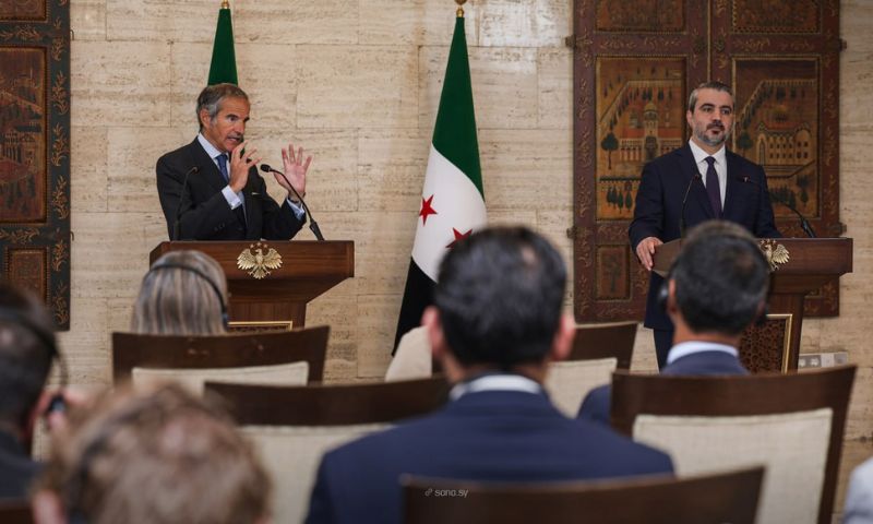 Syrian Foreign Minister Asaad al-Shaibani and International Atomic Energy Agency Director General Rafael Grossi at a joint press conference at Tishreen Palace in Damascus, August 18, 2026. (SANA)
