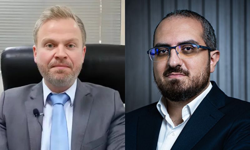Former Syrian Investment Agency director Talal al-Hilali, right, and newly appointed director Ahmad Rouwad Mohammad Bashar Ramadan, left, August 5, 2026. (Syrian Memory and İsra Holding Company in Turkey)