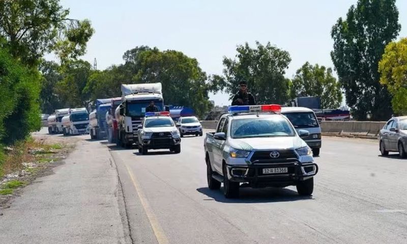 Syrian customs intensify patrols on the Baniyas-Tartous-Homs road to ensure the safe movement of Iraqi tanker trucks, September 21, 2026. (General Authority for Ports and Customs/Facebook)