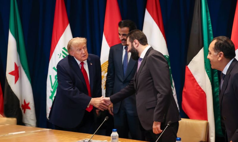 Syrian President Ahmed al-Sharaa shakes hands with his US counterpart Donald Trump while taking part in a meeting Trump held with several Middle Eastern leaders, September 22, 2026. (Presidency of the Syrian Arab Republic)