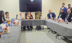 Syrian and Lebanese social affairs ministers meet with survivors in Darayya, October 18, 2026 (Enab Baladi).